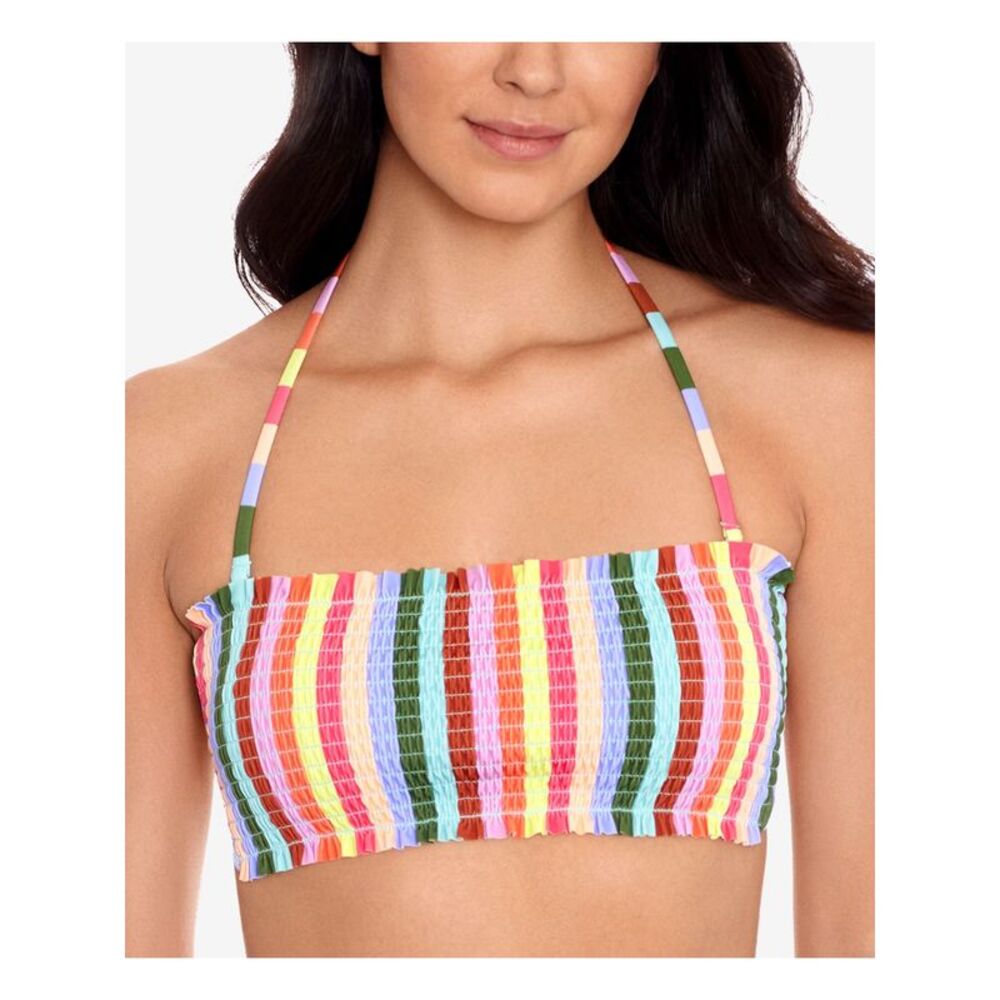 SALT + COVE Women's Green Removable Strap Smocked Cabana Bandeau Swimsuit Top L